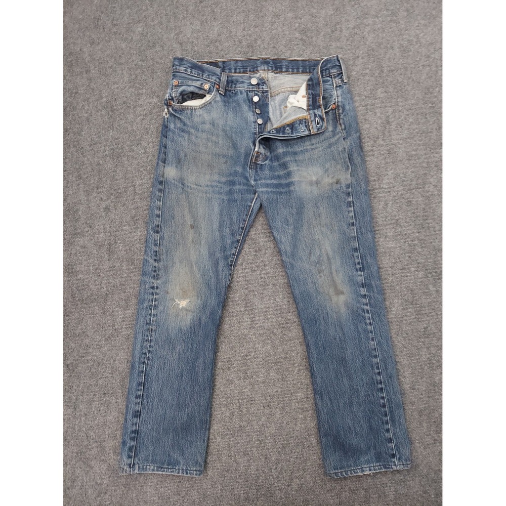 Levis 501 Mens 34x30 (Tag 34x34) Blue Distressed Button Fly Thrashed Faded